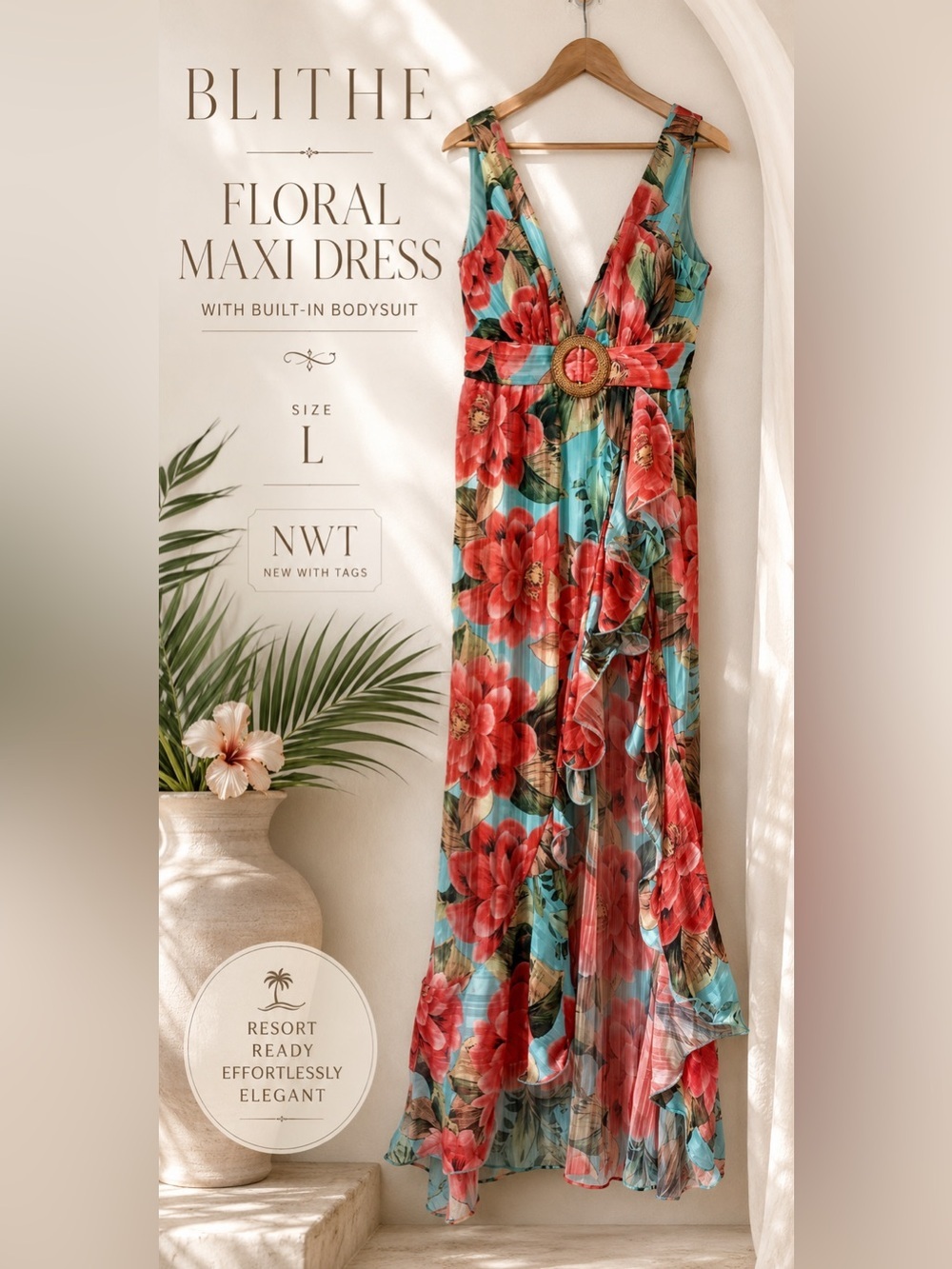 Blithe Floral Plunge Neck Ruffle Hem Maxi Dress  NWT Size L
